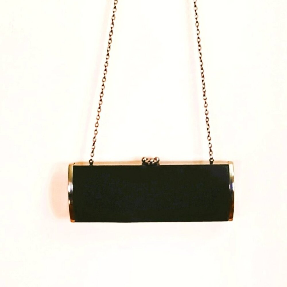 Black Satin Frame Evening Bag Cross Body Clutch Gunmetal Black Flip Closure